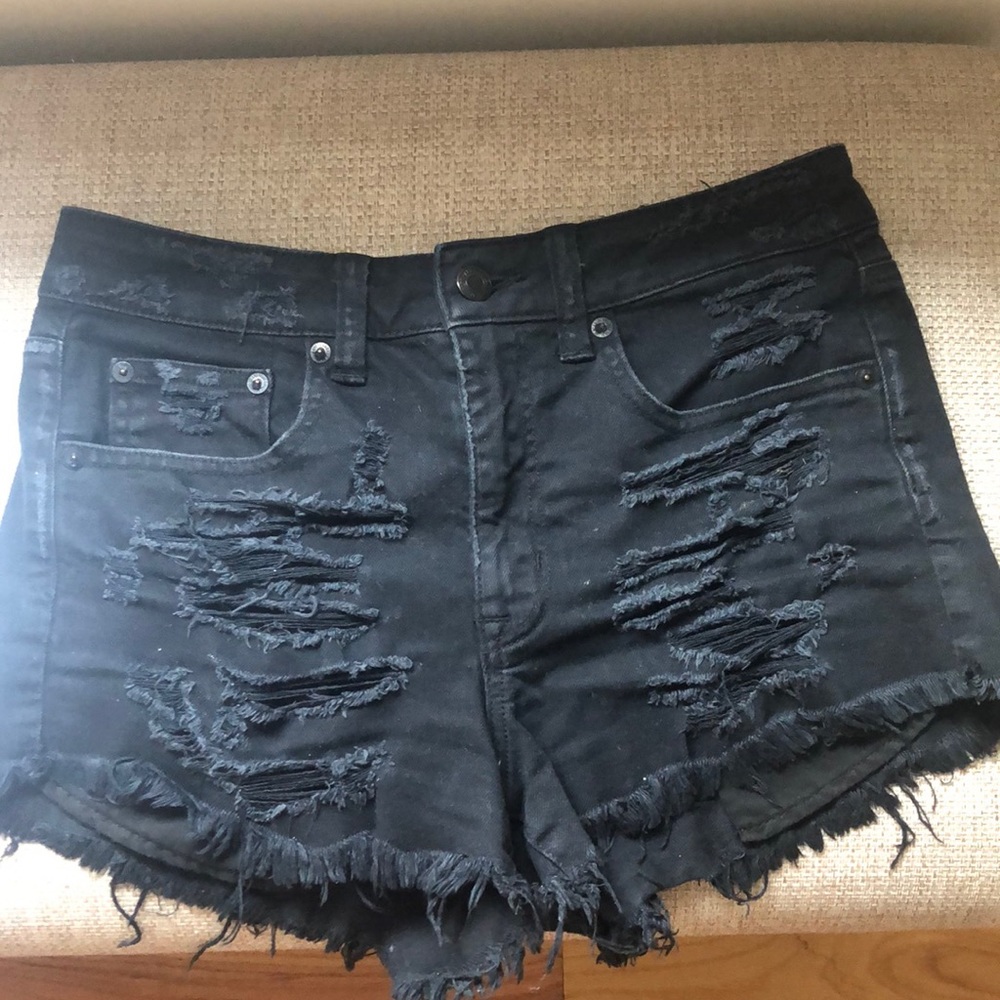 Black distressed denim shorts